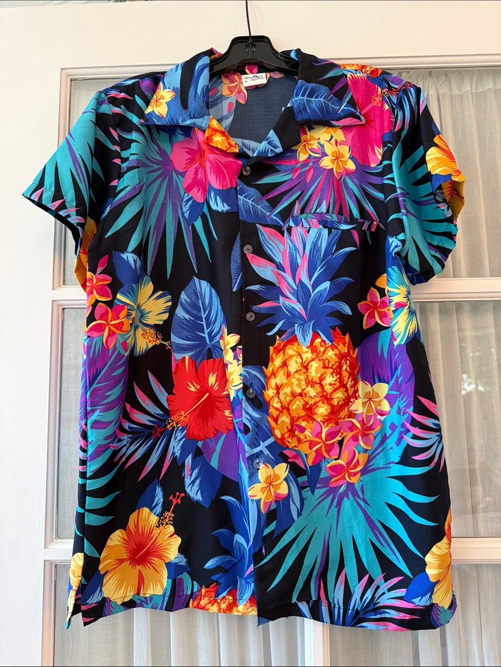 Men's Black Tropical Floral Button-Down Shirt with Multicolor Print